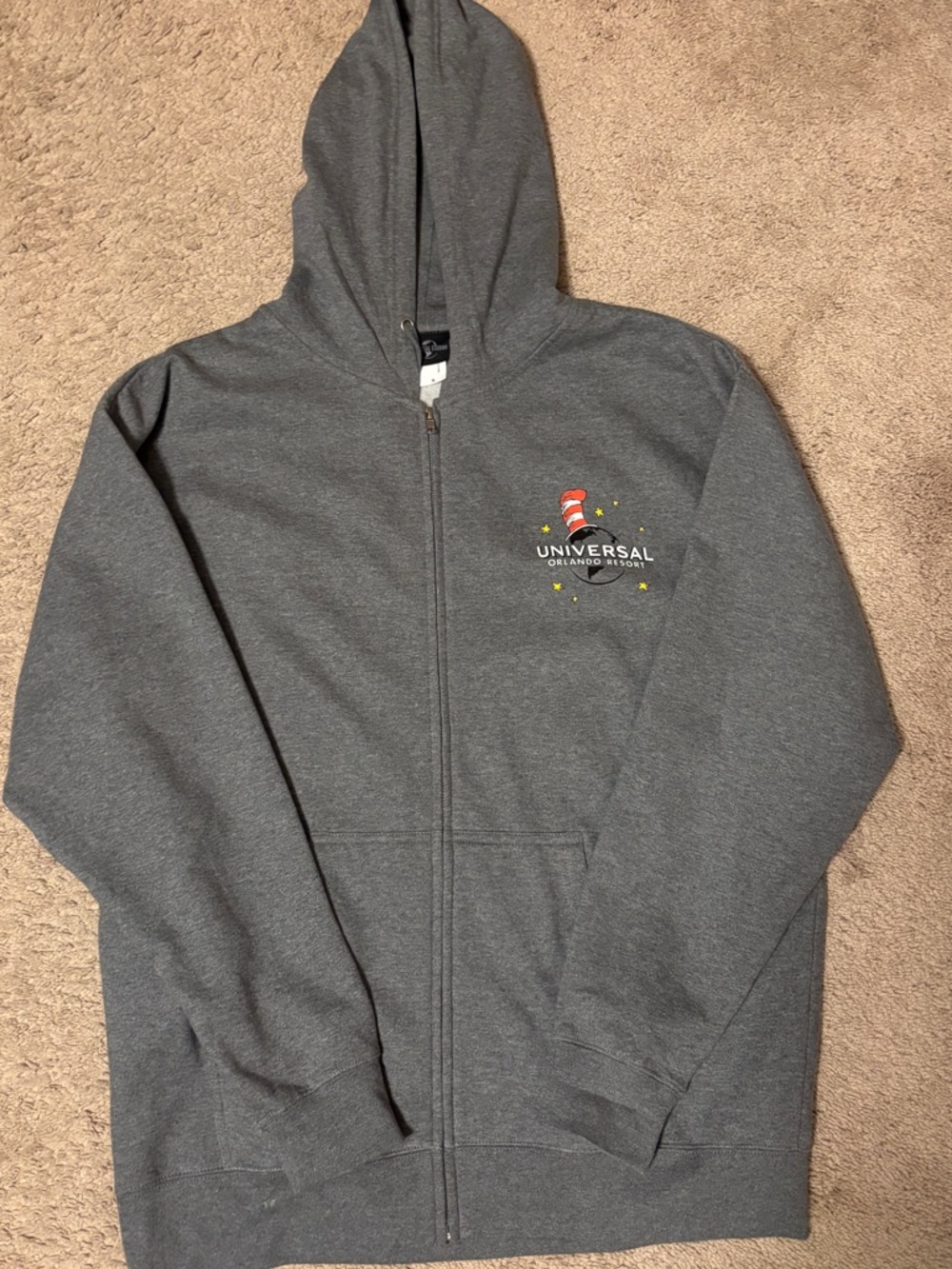 Universal Studios Orlando Gray Zip-Up Hoodie with Cat in the Hat Logo